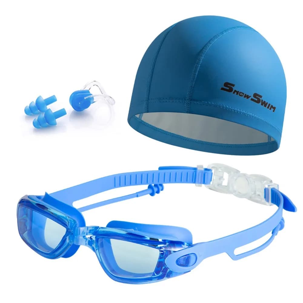 Anti-fog Adult Swimming Goggles Set with Nose Clip, and Ear Plugs UV Protection Silicone Swim Cap Wide Vision Anti-leakage