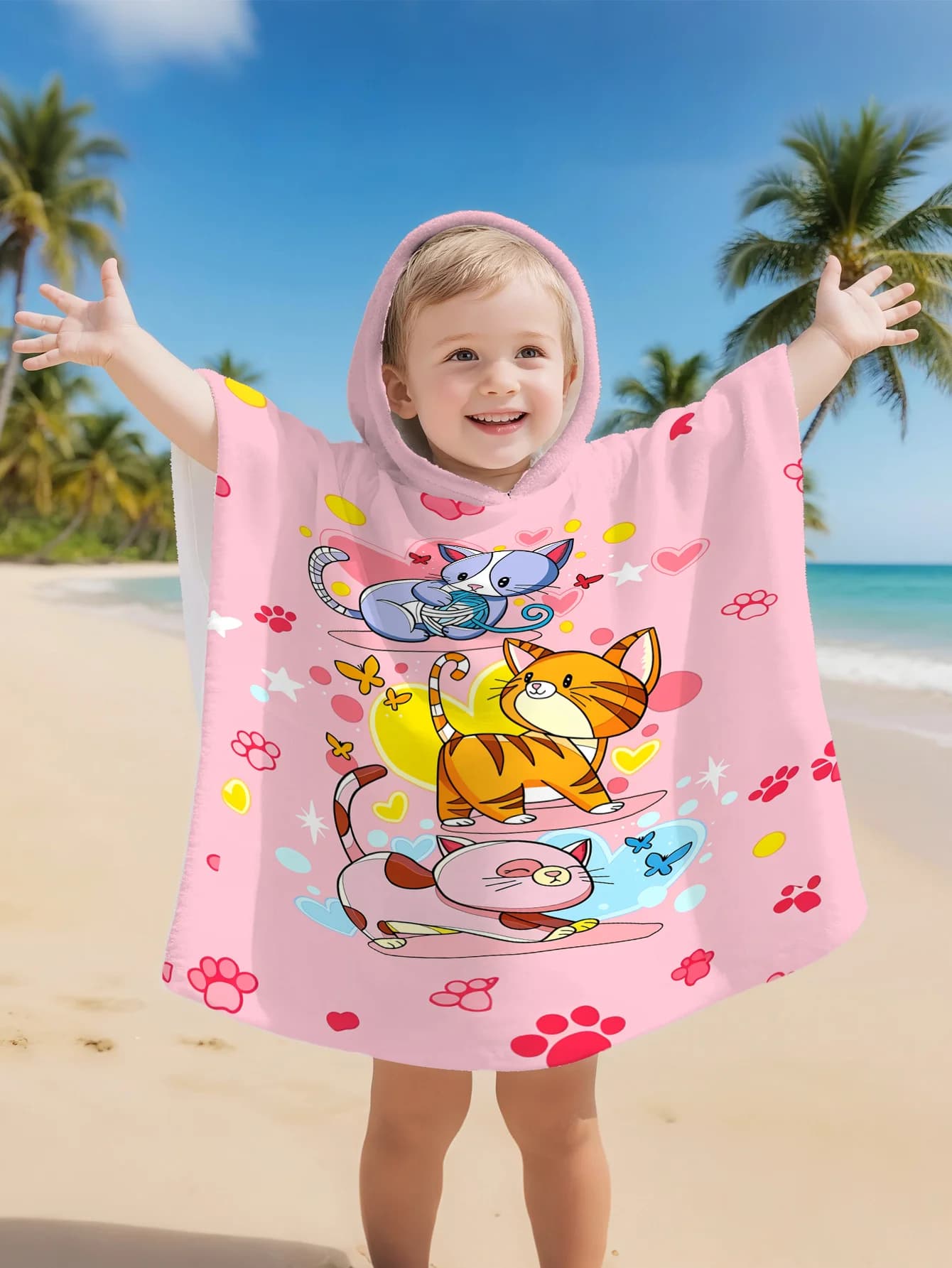 Accappatoio stampato con gatti dei cartoni animati, morbido e super assorbente, con bottoni laterali, adatto per spiaggia, piscina, mare, campeggio, per ragazzi o ragazze.