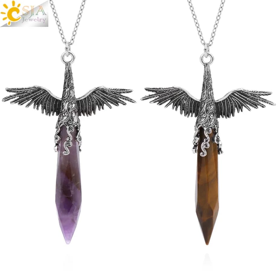CSJA Reiki Cristallo Ali d'angelo Collana Guarigione energetica Pietra naturale Ametista Ciondolo Amuleto Regalo di gioielli per donne Uomini H806