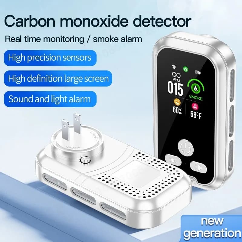 Portable 6 in 1 Gas Detector AC Plug Smoke CO CO2 Combustible Gas Analyzer Leak Alarm with Temp Humidity Display Home Safety