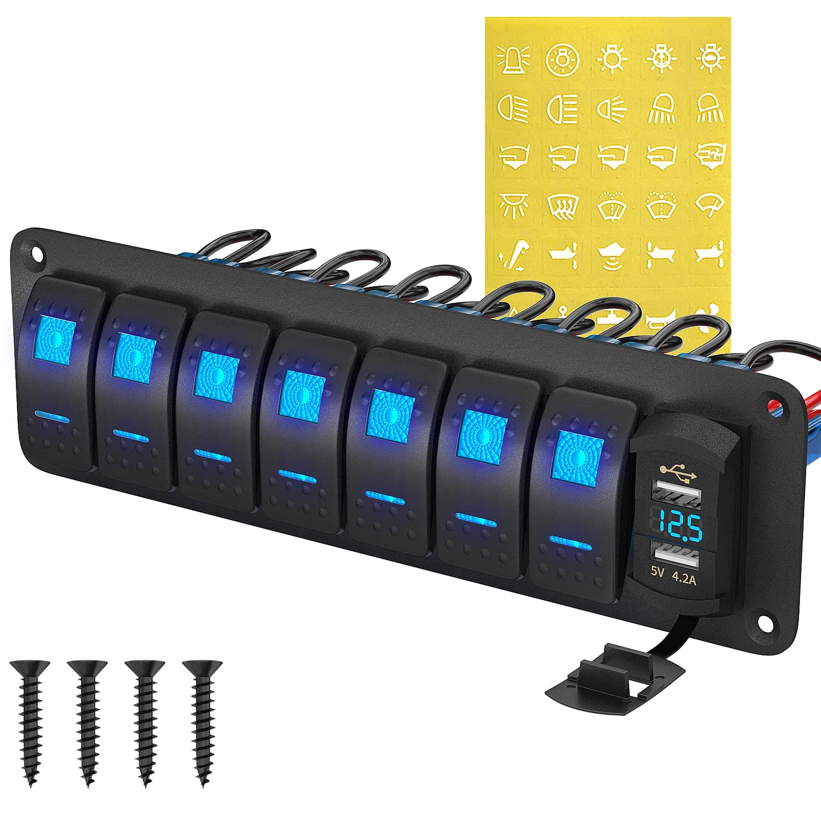 DaierTek 7-group barbell switch panel Waterproof marine boat switch panel with USB charger voltmeter for auto vertical UTV truck