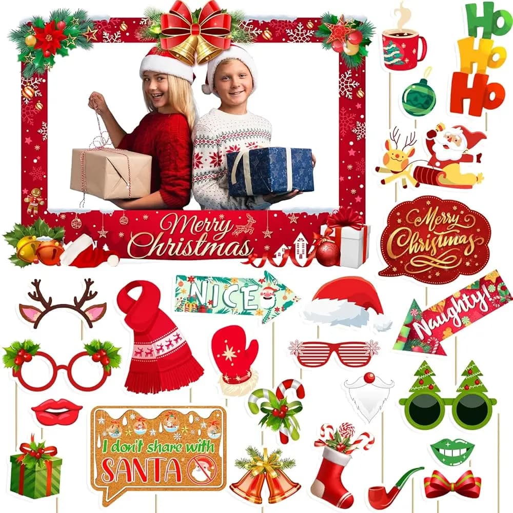 Kit di Accessori per Foto Booth Natalizio - Cornice per Selfie di Grandi Dimensioni e 24 Pezzi di Oggetti di Scena Natalizi per Servizi Fotografici, Confezione Regalo, Natale/Inverno