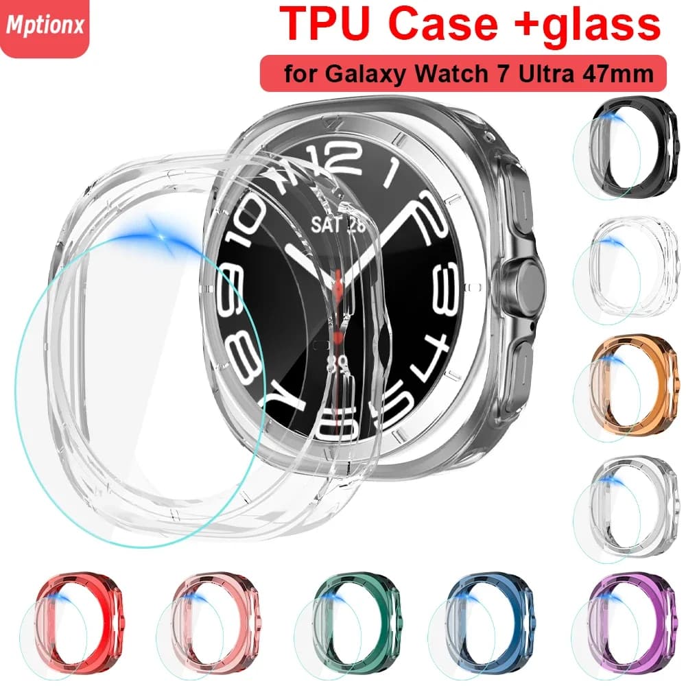 Vetro + Cover per Samsung Galaxy Watch 7 Ultra 47mm Custodia morbida in TPU Protezione schermo paraurti per Galaxy Watch 7 Ultra Accessori