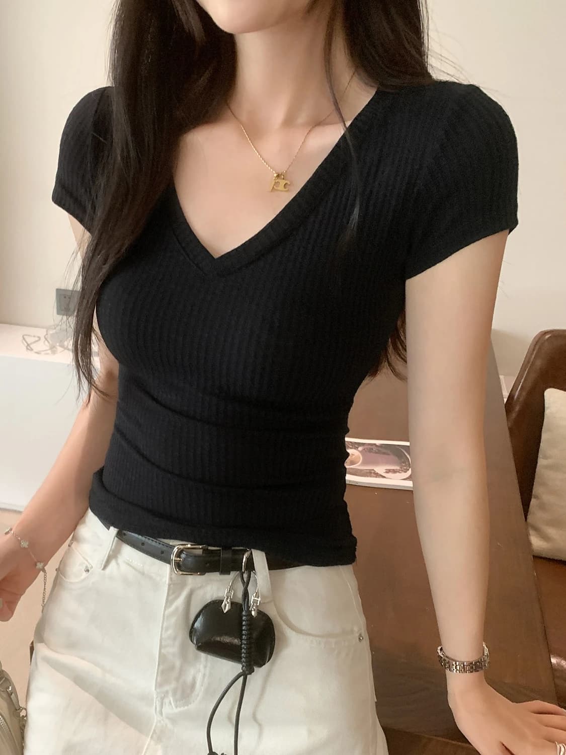2026 Summer New Arrival Sheer Women T-shirt Stylish Slim Fit Elegant Ribbed V-Neck Short Sleeve Tee Women Solid Casual Top