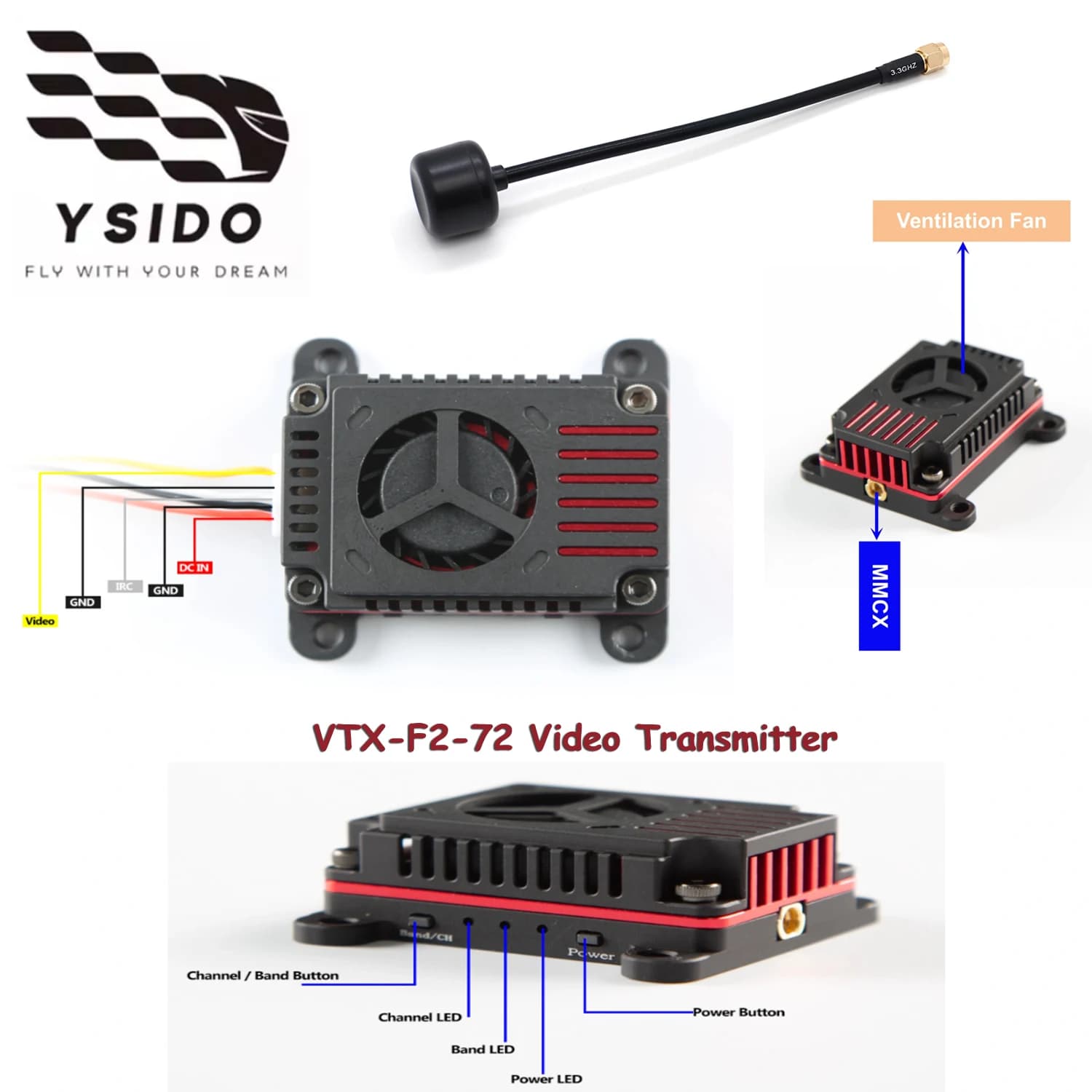 YSIDO 3.3G 5W 64CH VTX Supports IRC Tramp Protocol 7-36V Video Transmitter & 3.3GHz Antenna Module For RC FPV Long Range Drone