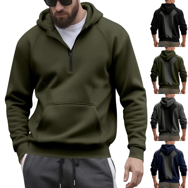 Men Half Zip Raglan Hoodie Sweatshirt, Back Color Block Patchwork Kangaroo Pocket Casual Long Sleeve Sports Hooded Top