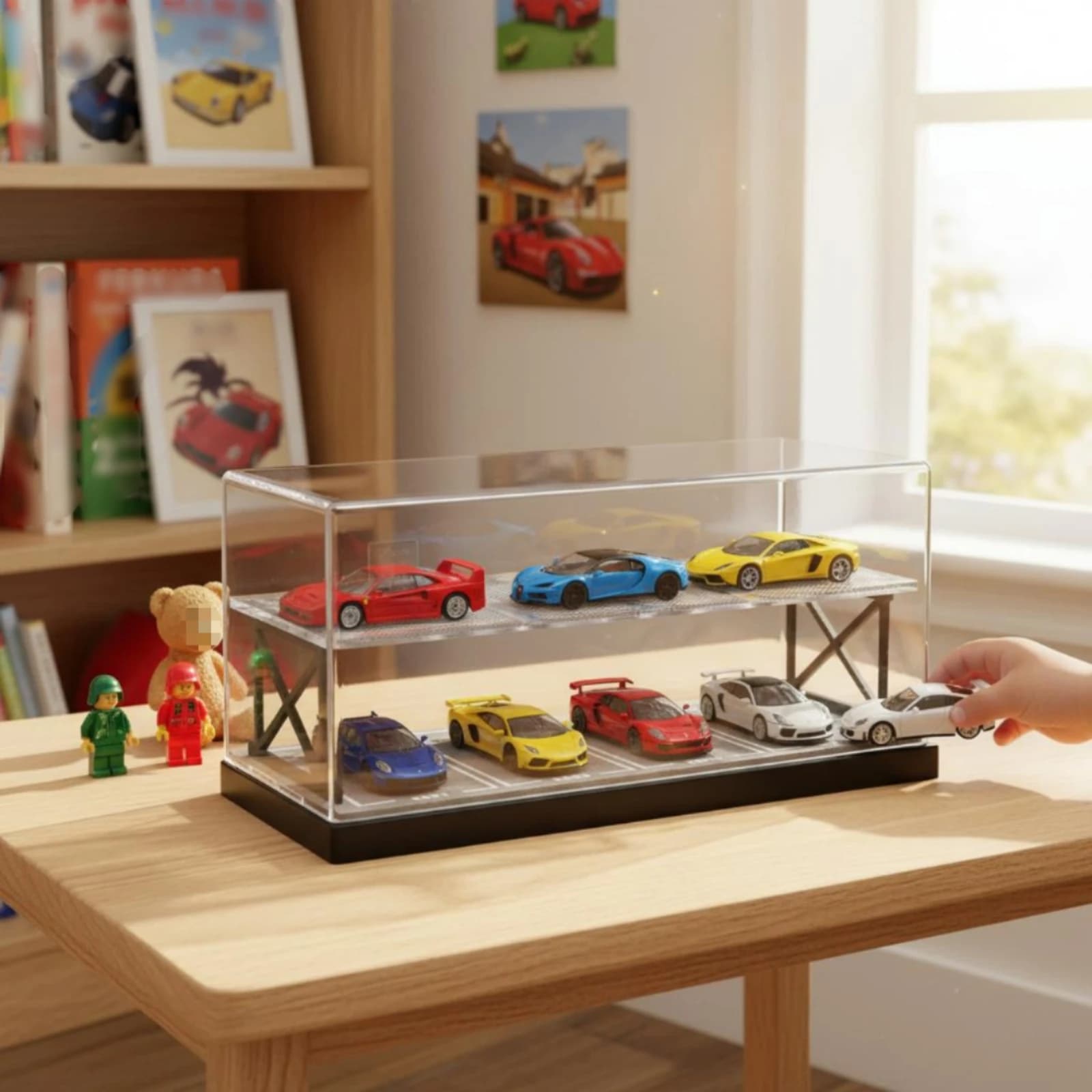 1:64 Scale Car Garage Diorama Two-Tier Parking Garage Clear Front Panel Miniature Scene Storage Parking Lot for Alloy Model Car