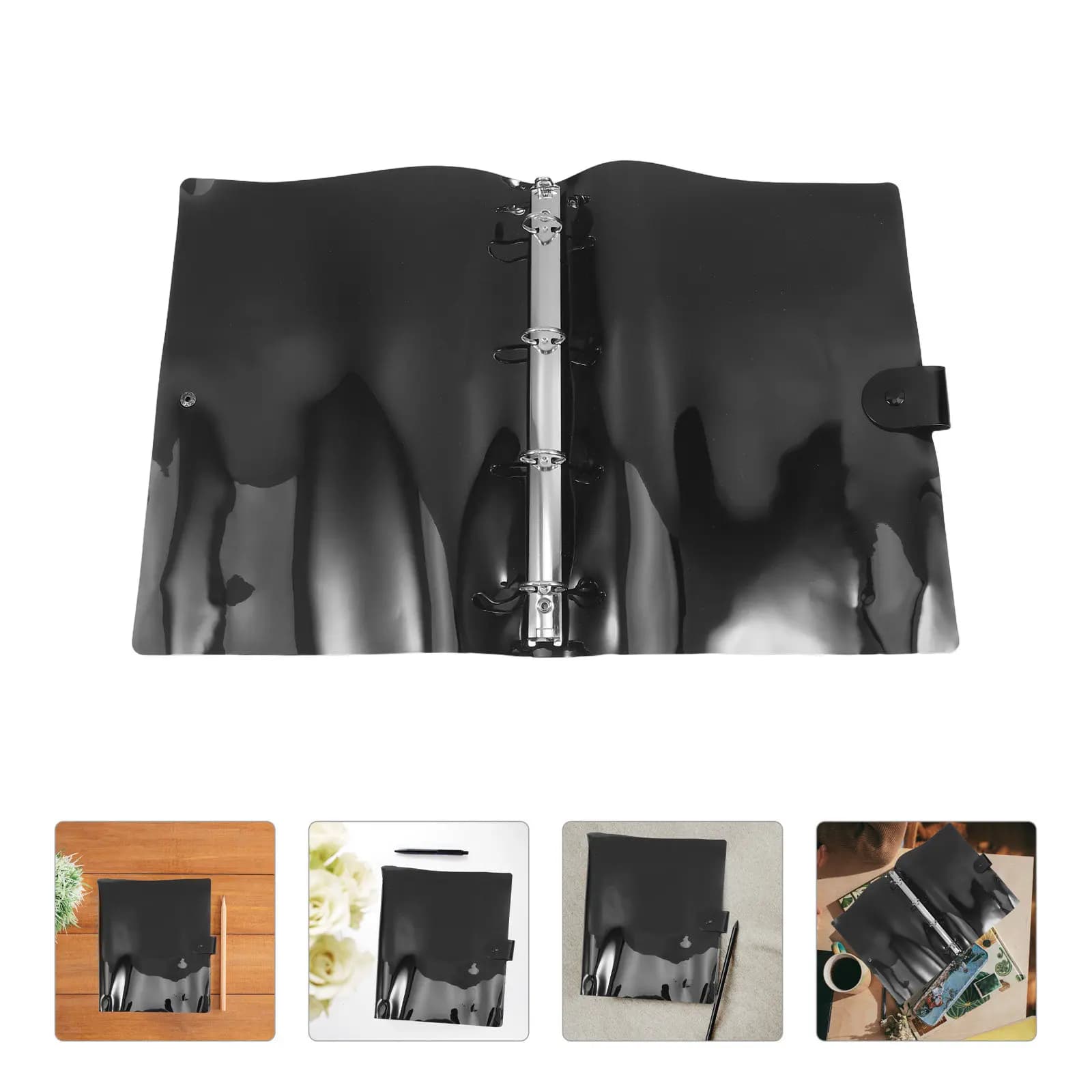 Raccoglitore A4 a 4 fori in PVC con chiusura a bottone a pressione, elegante copertina trasparente nera per agenda giornaliera, aula e riunioni
