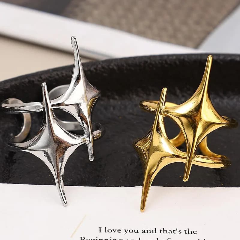 Stainless Steel Double Star Ring Open Adjustable Gold Silver Two Tone Hollow Geometric Jewelry for Layering Stacking Daily Wear