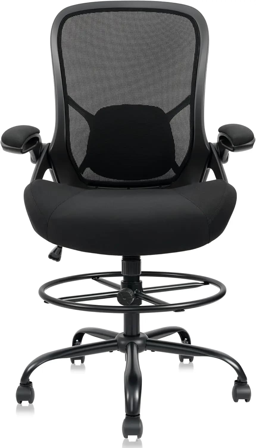 400lbs Heavy Duty Drafting Chair with 5" Thick Seat, Adjustable Height & Footrest Ring, Ergonomic Office Chair for Standing Desk, Black