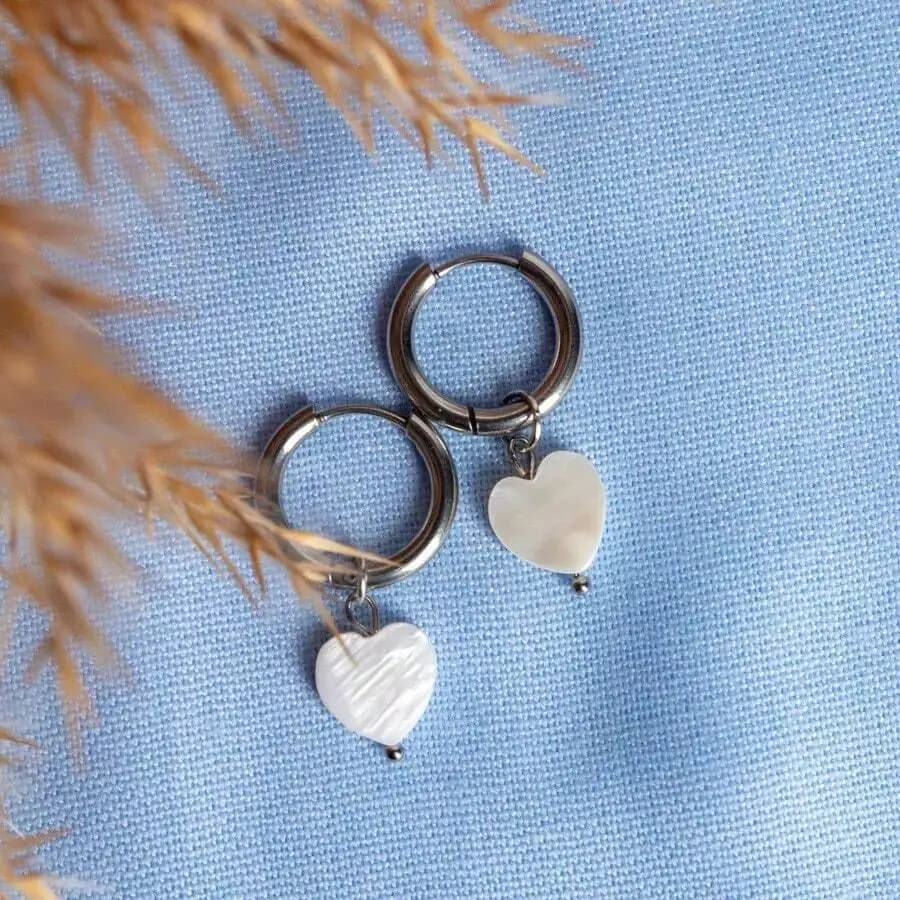 Stainless Steel Heart Shape Mother Of Pearl Drop Earrings For Women