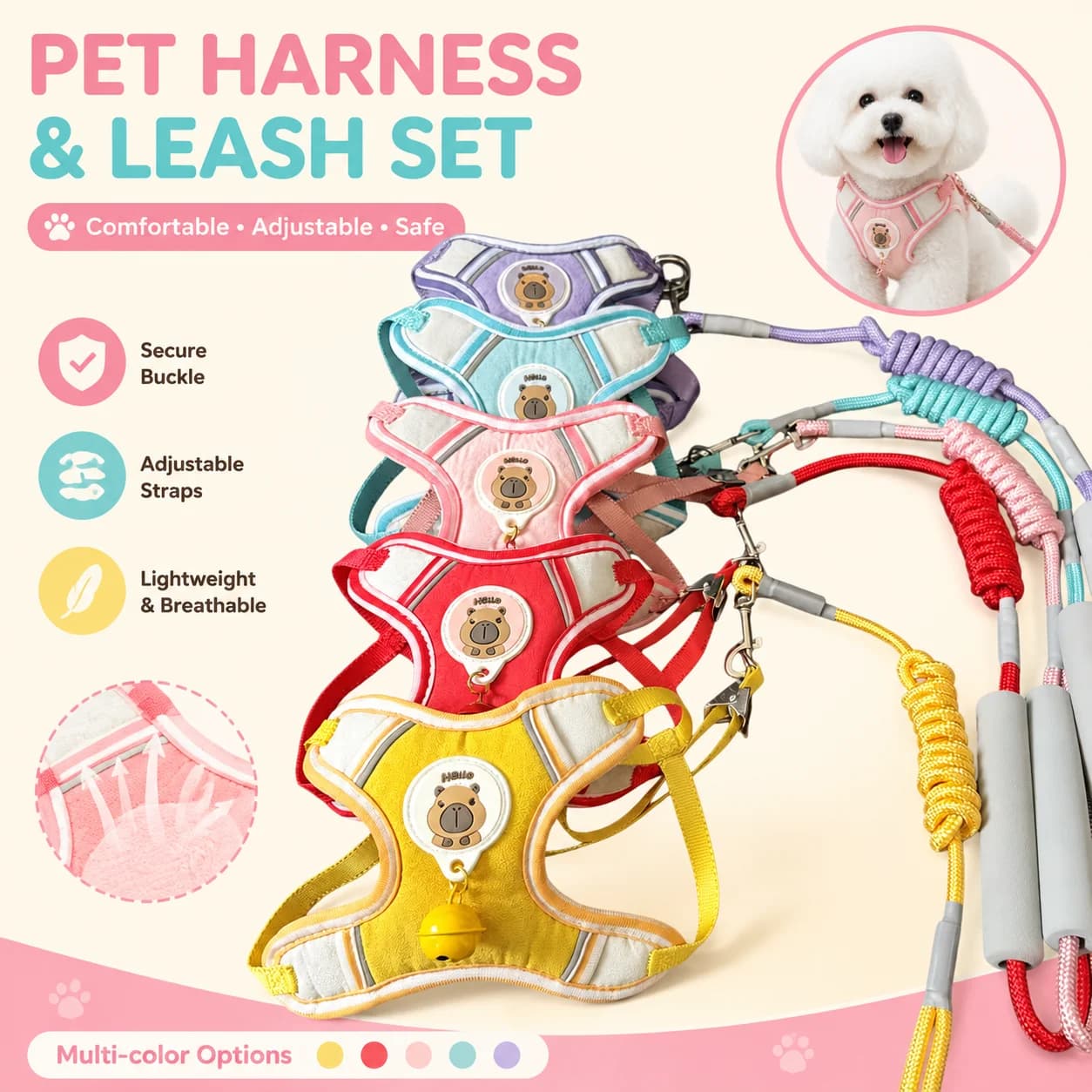 Dog Harness Leash Set for Small Dogs Puppy Cat Soft Adjustable Vest Harness No Pull Chest Strap Walking Lead with Bell Pet Acces