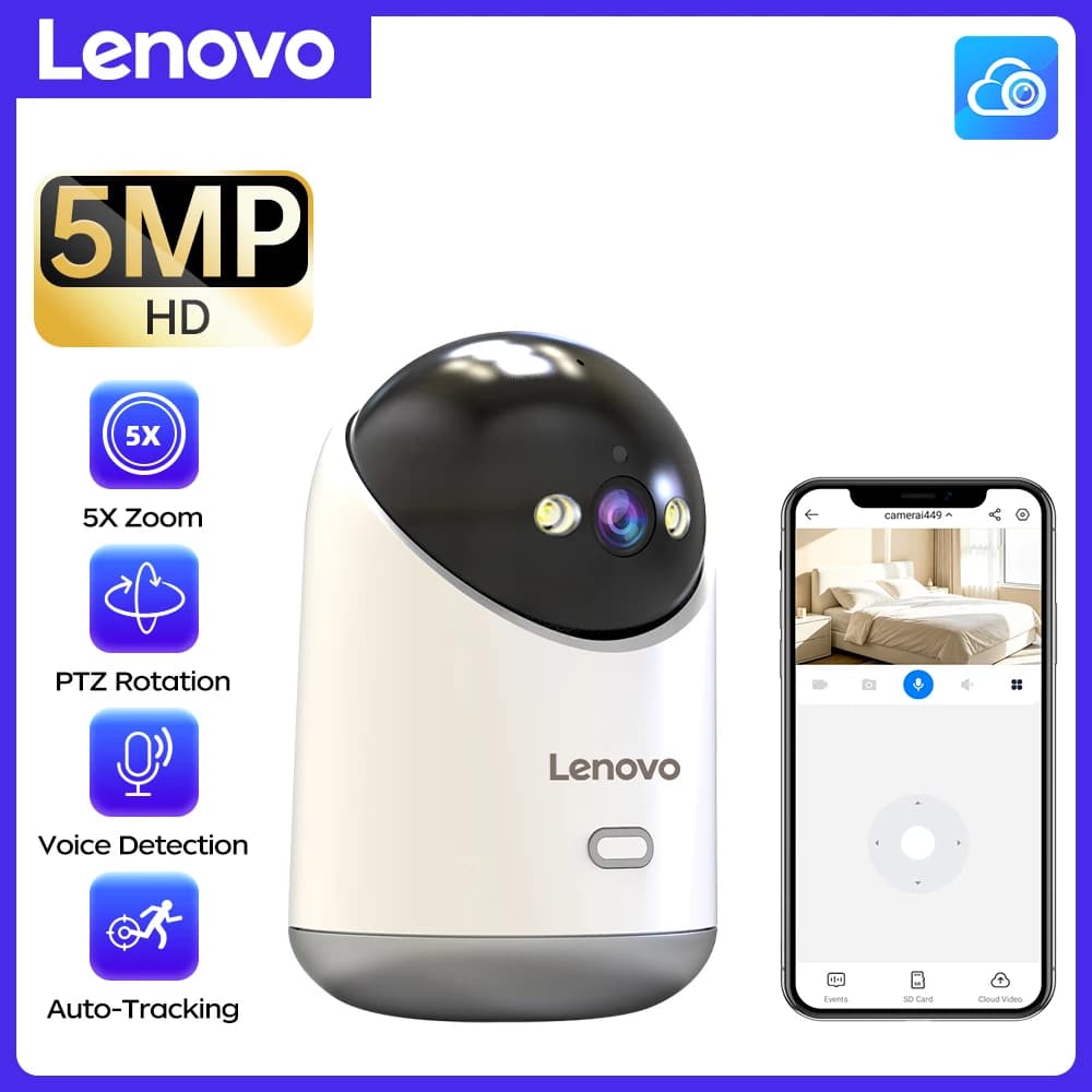Telecamera IP HD 5MP Lenovo per Casa, Telecamere di Sicurezza WIFI PTZ con Rilevamento Movimento e Audio Bidirezionale per Monitoraggio Bambini/Animali Domestici