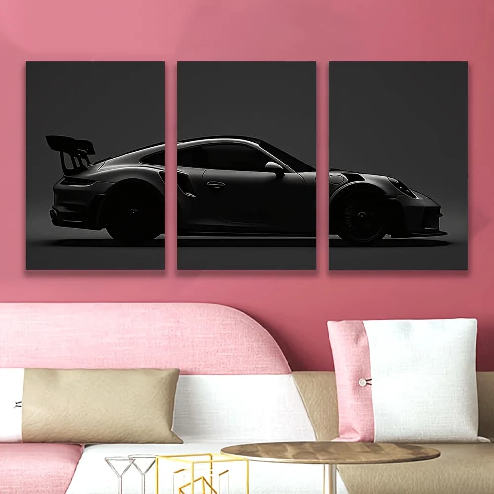 3 Panels Black Sports Car Canvas Wall Art, Dark Supercar Silhouette Print,Modern Man Cave Bedroom Home Decor Gift For Car Lovers