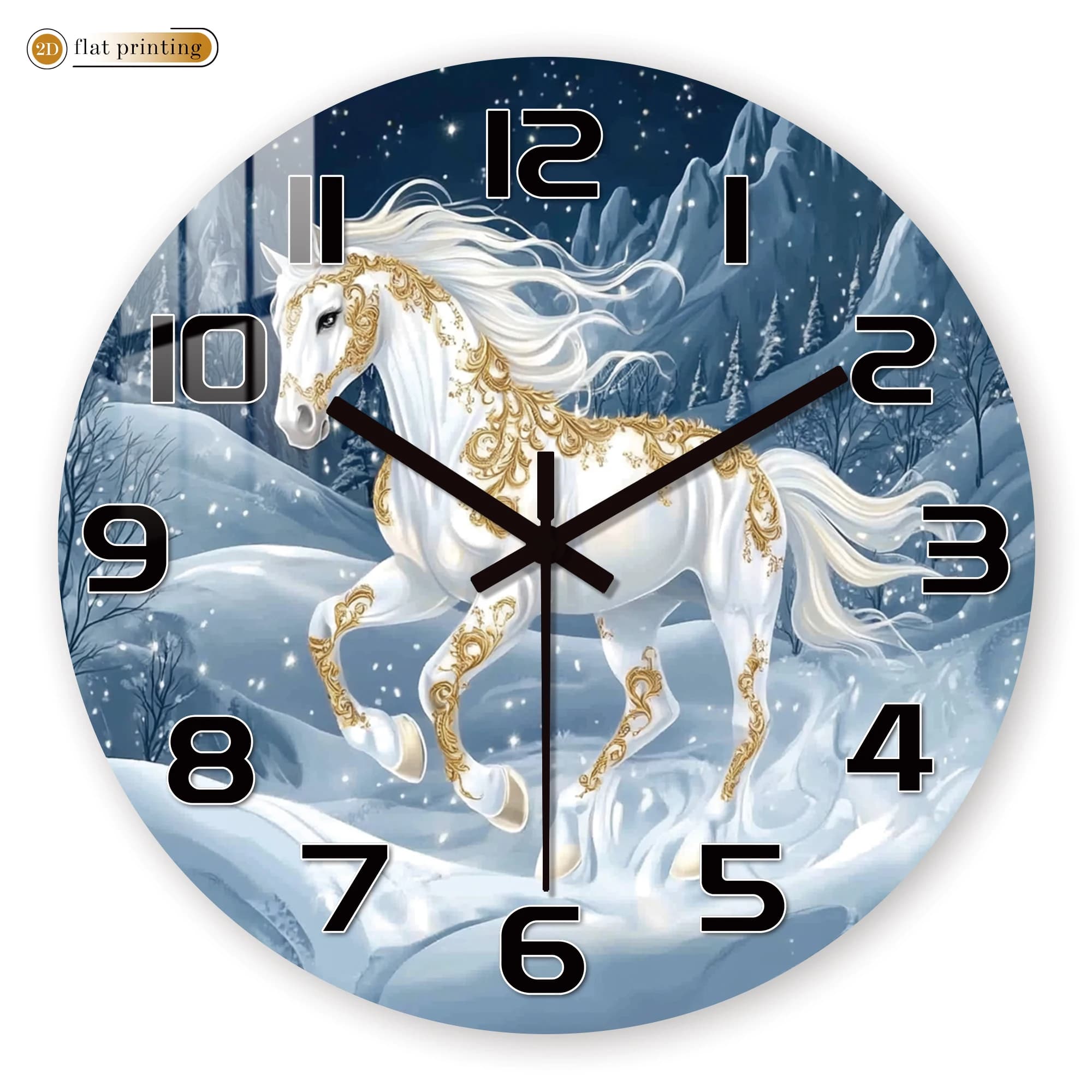 Orologio da parete con paesaggio innevato con cavallo bianco, scena invernale ornamentale dorata, decorazioni per la casa festive ispirate all'unicorno da sogno