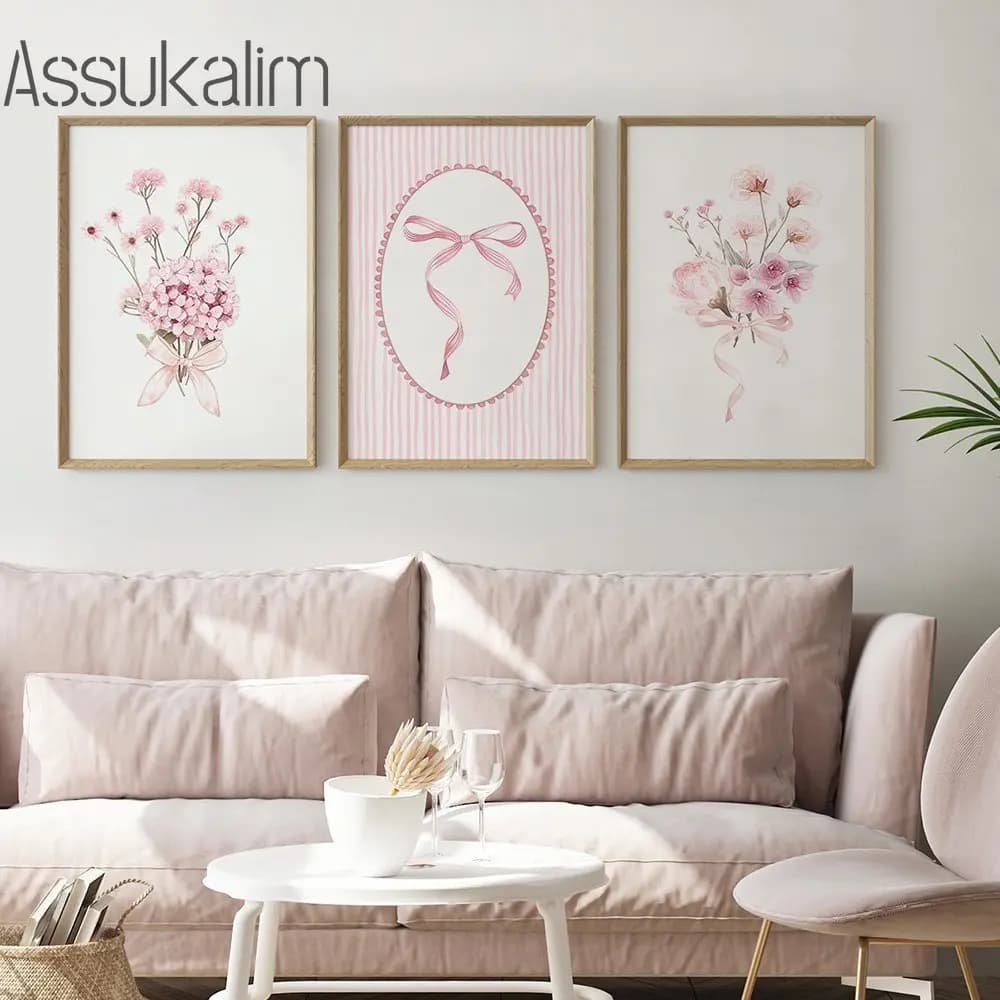 Pink Modern Bouquet Art Poster Pink Bow Canvas Painting Floral Plant Wall Print Girls Bedroom Apartment Hanging Picture No Frame