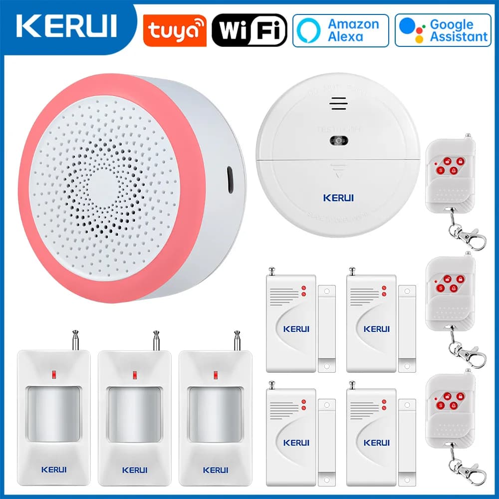KERUI Tuya Smart Home Hub di allarme WiFi Kit di allarme sirena wireless con rilevatore di movimento Sensore porta Supporto Alexa per la sicurezza domestica