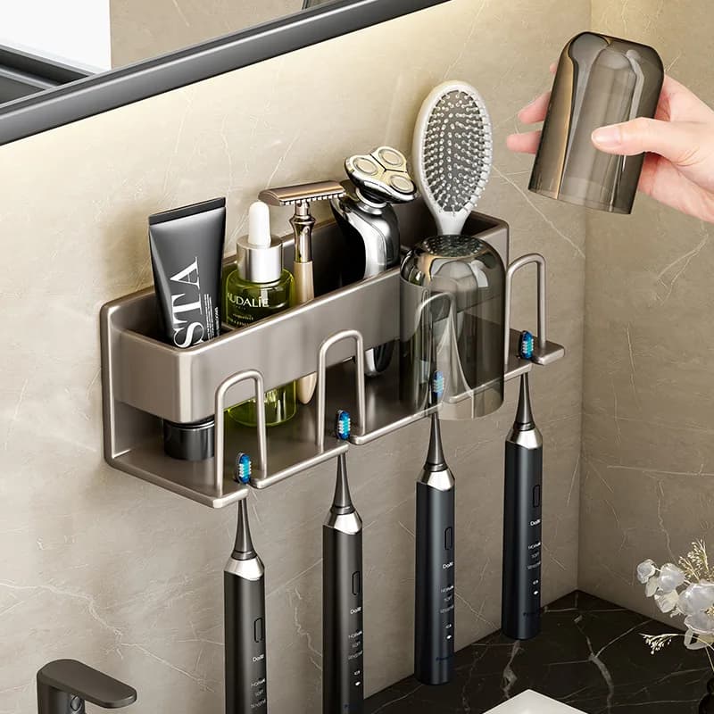 Bathroom Shelves Wall Mount Toothbrush Cup Holder Toothpaste Holder Storage Rack Home Toiletries Organizer Bathroom Accessories