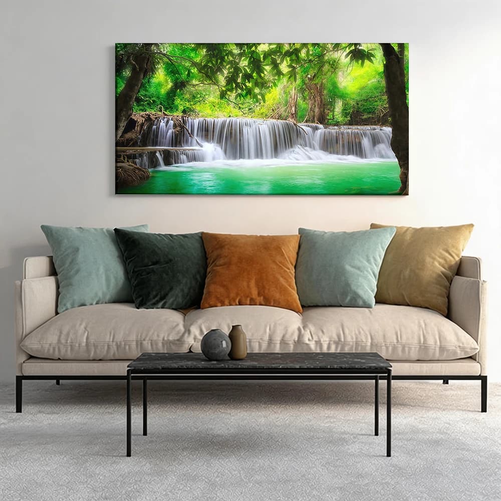 Painted on canvas with large wooden frame, 1 piece. Waterfall in a lush green.