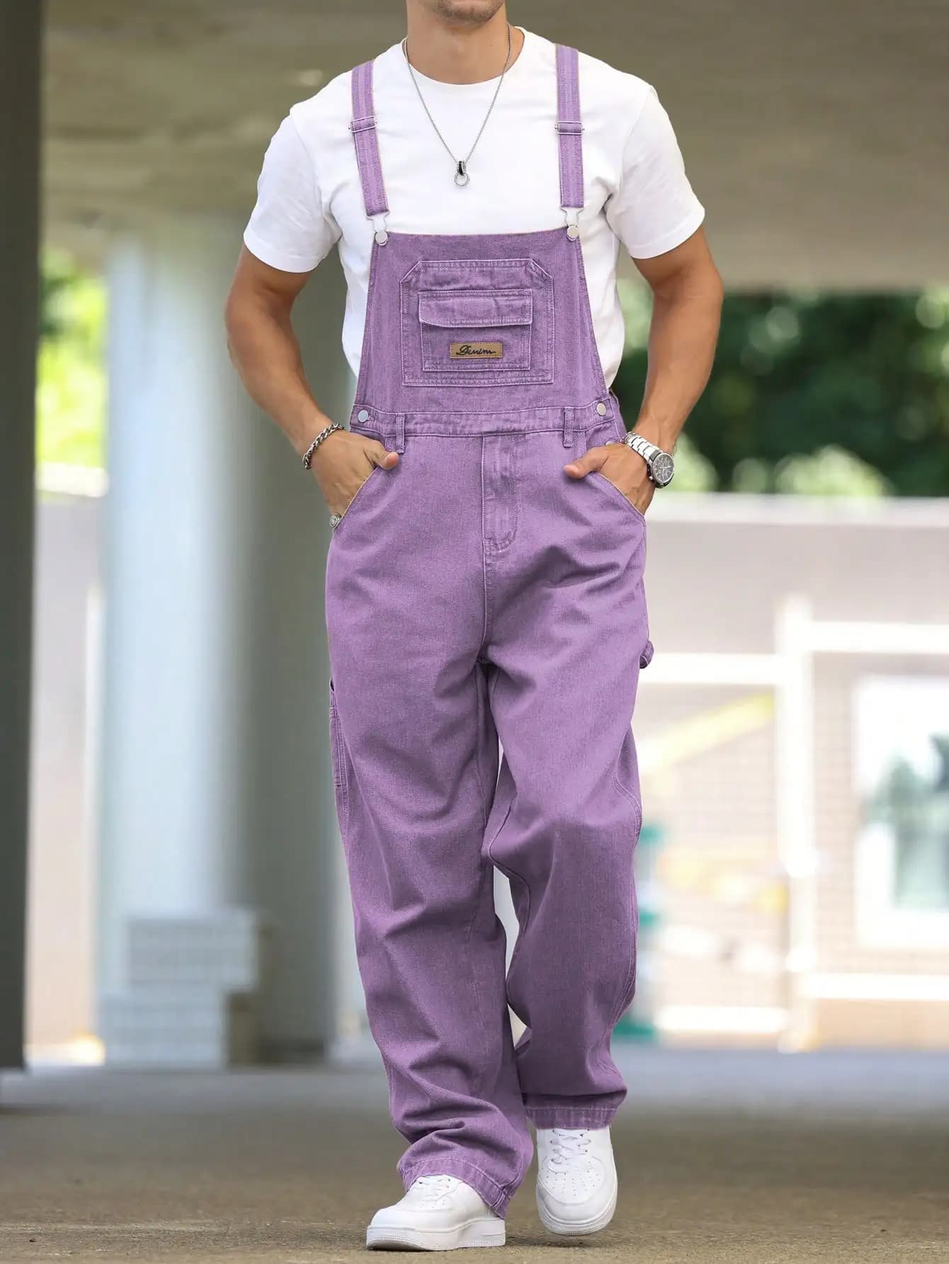 Men's skirts in denim wide purple four seasons, trousers with casual street-fashioned straps