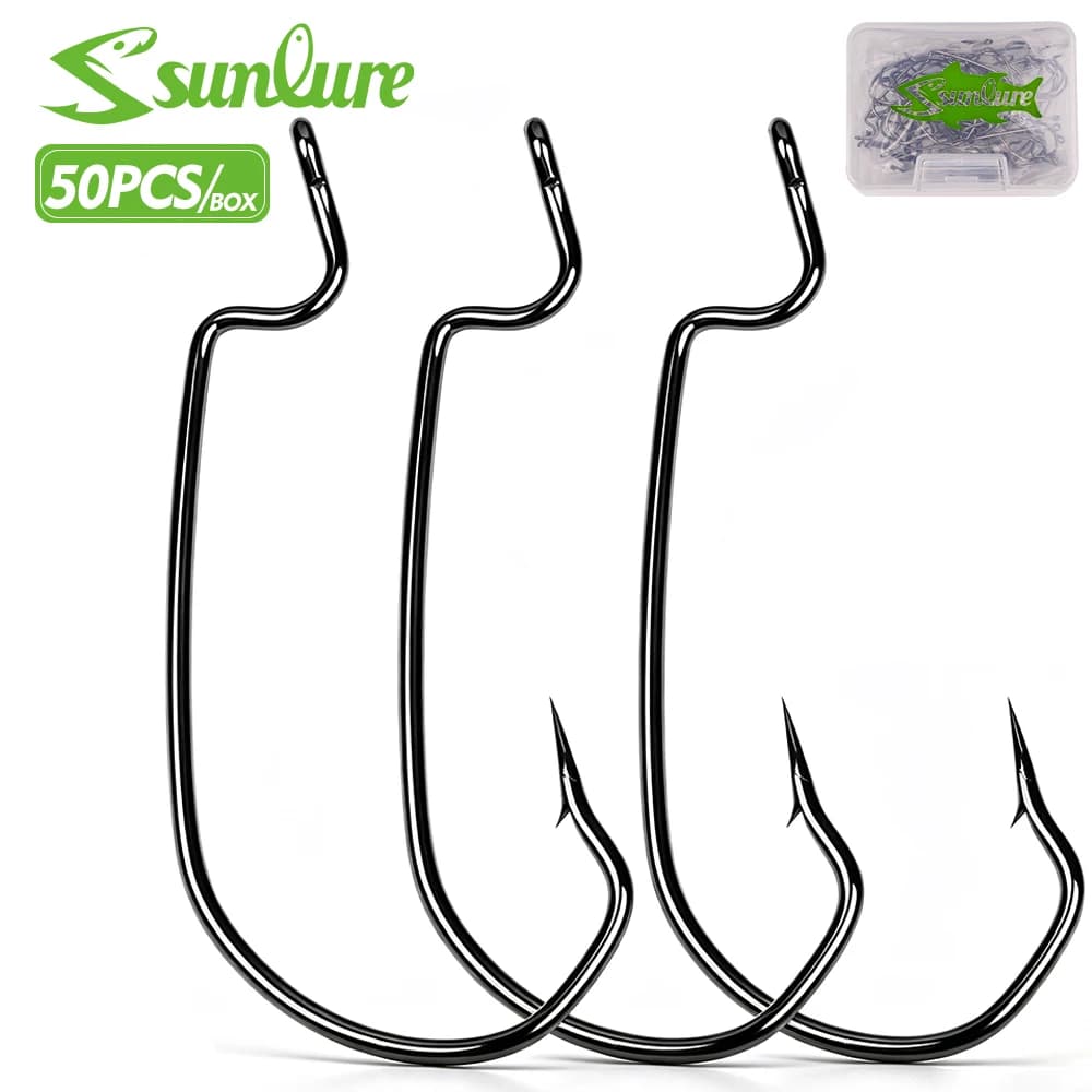 Sunlure 50Pcs/Box Wide Gap Offset Worm Hooks High Carbon Steel Fishing Hooks Barbed Soft Bait Hook Texas Rig Bass Fishing Tackle
