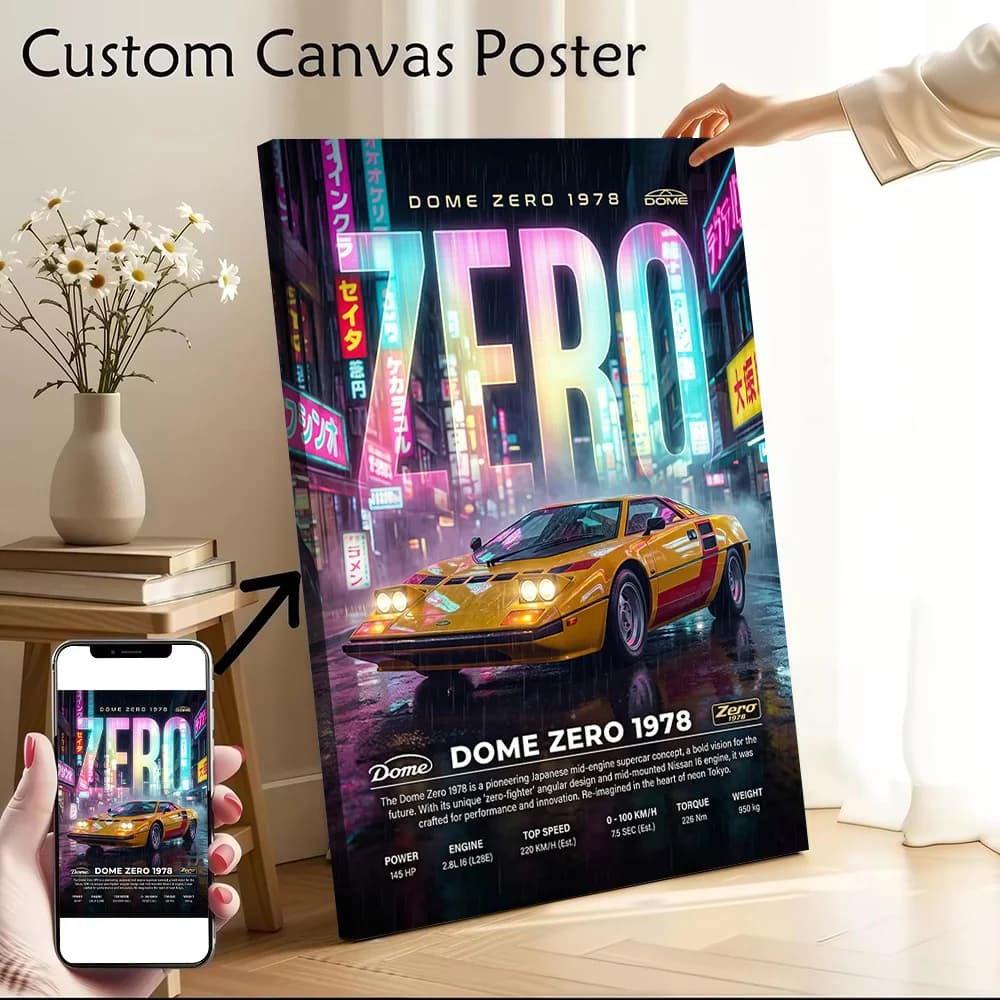 Sleek Dome Zero 1978 Neon Tokyo Car Canvas Wall Art Poster Custom Photo Print Modern Painting for Fans Decorative Picture Frames