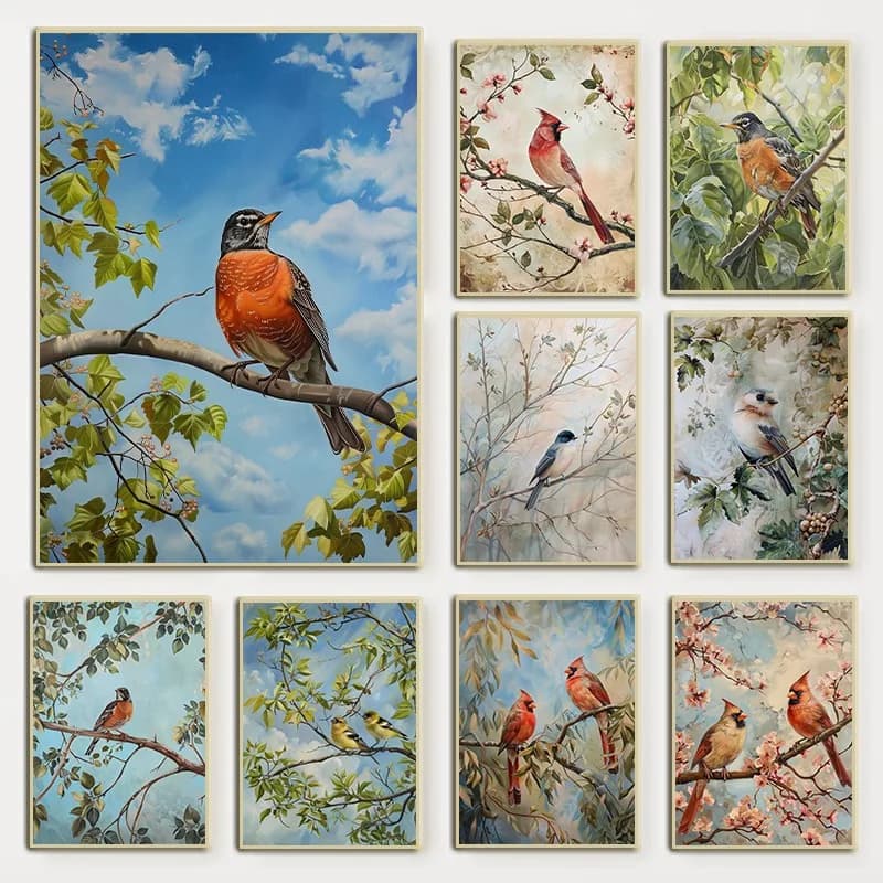 Vintage Neutral Farmhouse Bird Flower Poster Nature Animal Ornithology Diamond Painting Wall Art for Country Nursery Home Deco