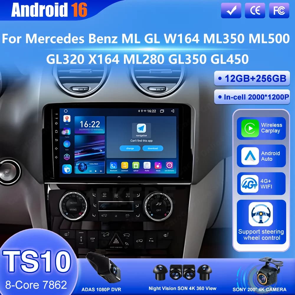 Autoradio Android 16 per Mercedes Benz ML GL W164 ML350 ML500 GL320 X164 ML280 GL350 GL450 con Carplay Wireless e 4G WIFI