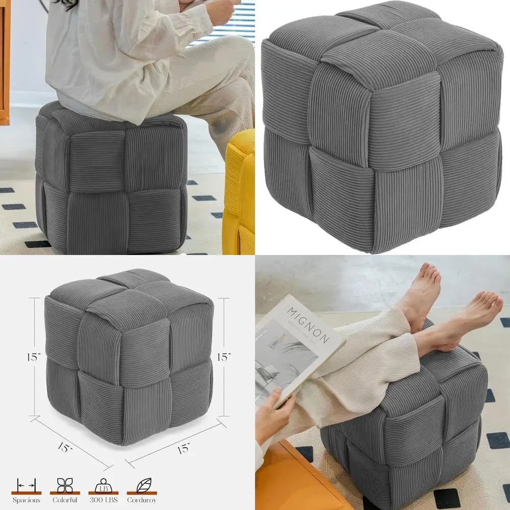 Pouf Quadrato in Velluto a Coste Grigio con Comfort Morbido per Divano e Poggiapiedi
