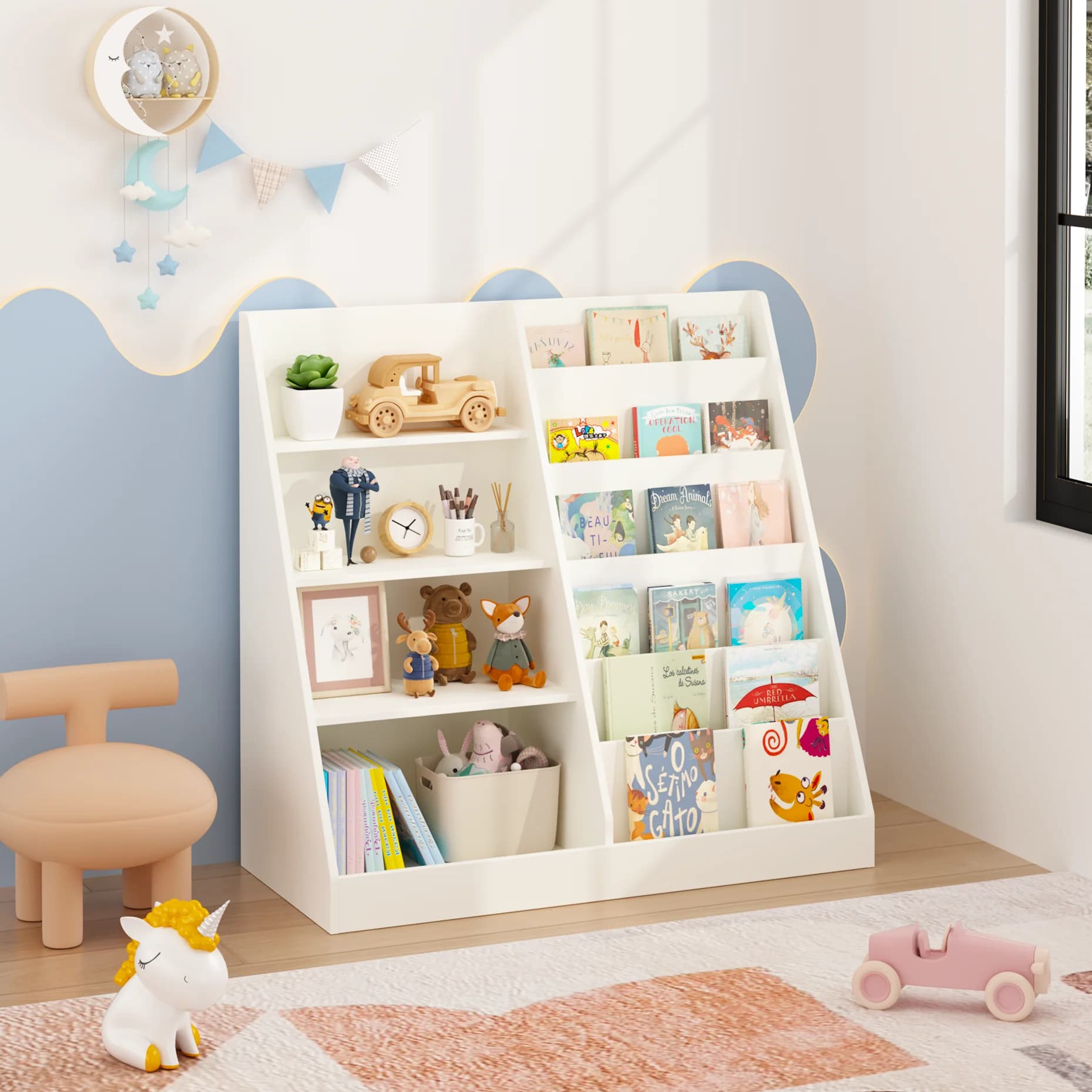 Libreria in legno per bambini e organizer per giocattoli a 4 livelli con espositore per libri, scaffale decorativo per bambini