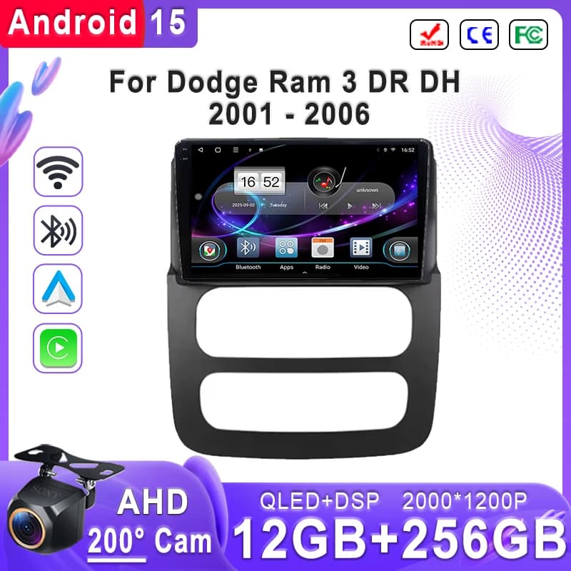 Sistema multimediale per auto Android 15 2K per Dodge Ram 3DR DH 2001-2006 con lettore DVD di navigazione GPS e Dash Cam integrato
