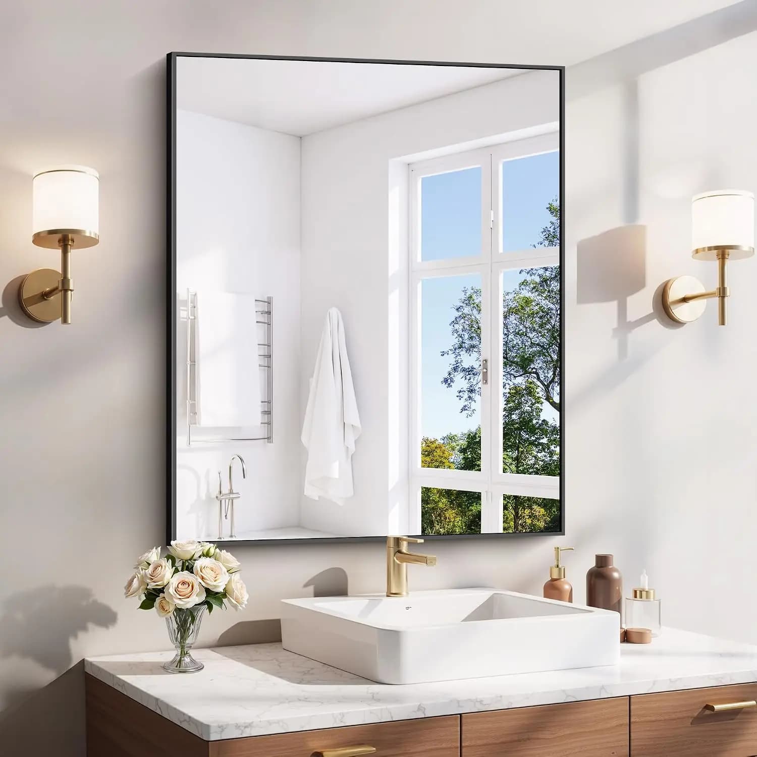 Bathroom Mirror 30 X 36 Matte Black Over Sink Aluminum Frame Rectangular Vanity Right Angle Wall Hangs Horizontal Vertical Shatt