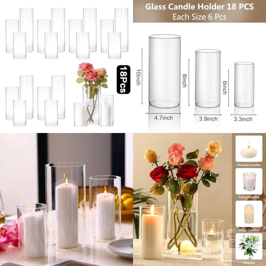 Hurricand Candle Holder 18 PCS, Glass Pillar Candle Holder, Glass Cylinder Candleholder Glass Cylinder Vase for Centerpieces We