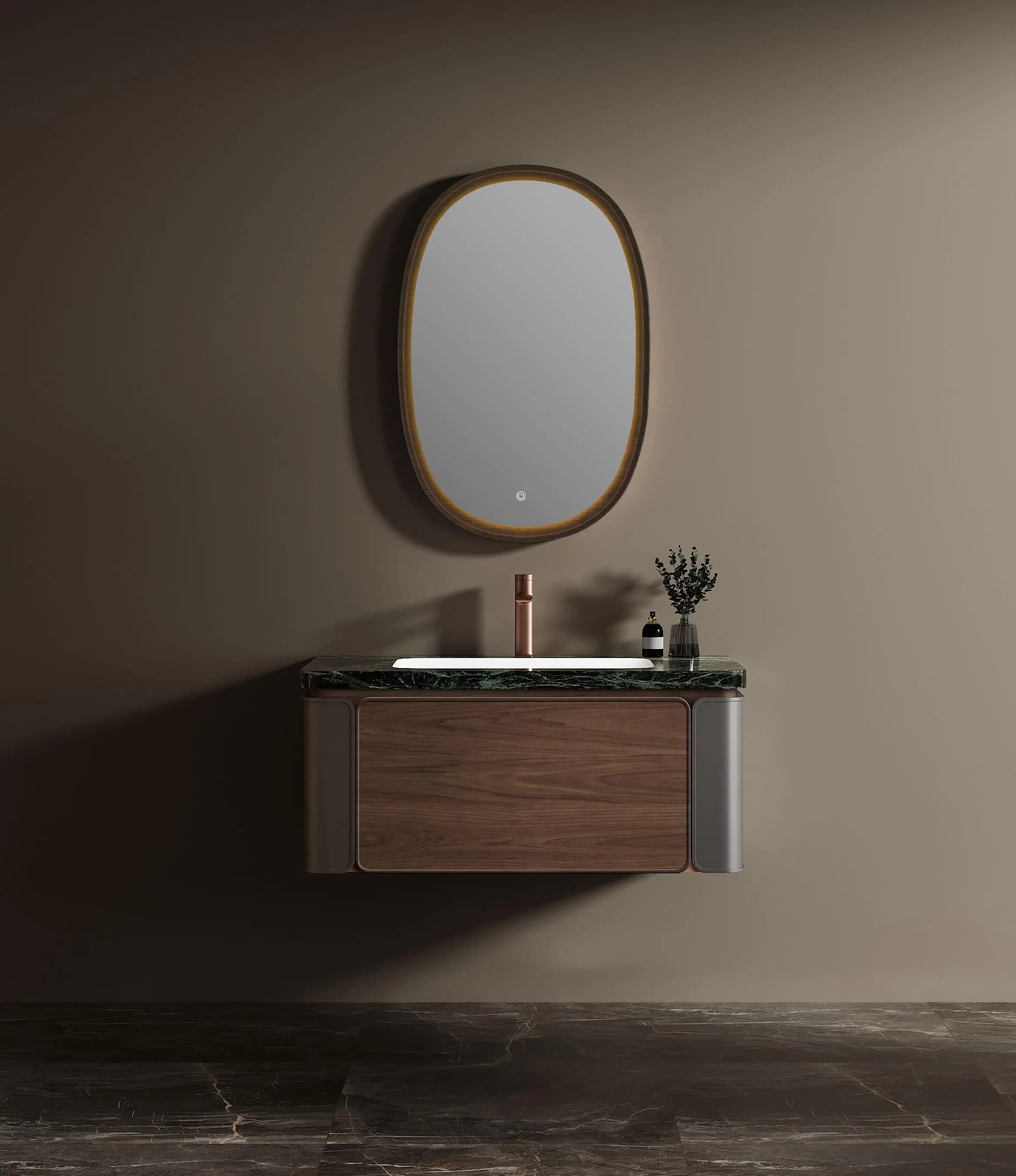 Modern Style Luxury Bathroom Vanity Wall Mounted With Solid Wood Lacquered Panel LED Smart Mirror Soft Closing Drawer For Hotels
