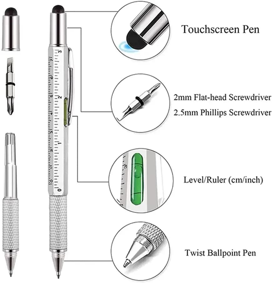 Pen Multifunction 7 in 1 with Stilo per Touchscreen, Cacciavite, Righello, Livella, Rechargeable Ball Pen