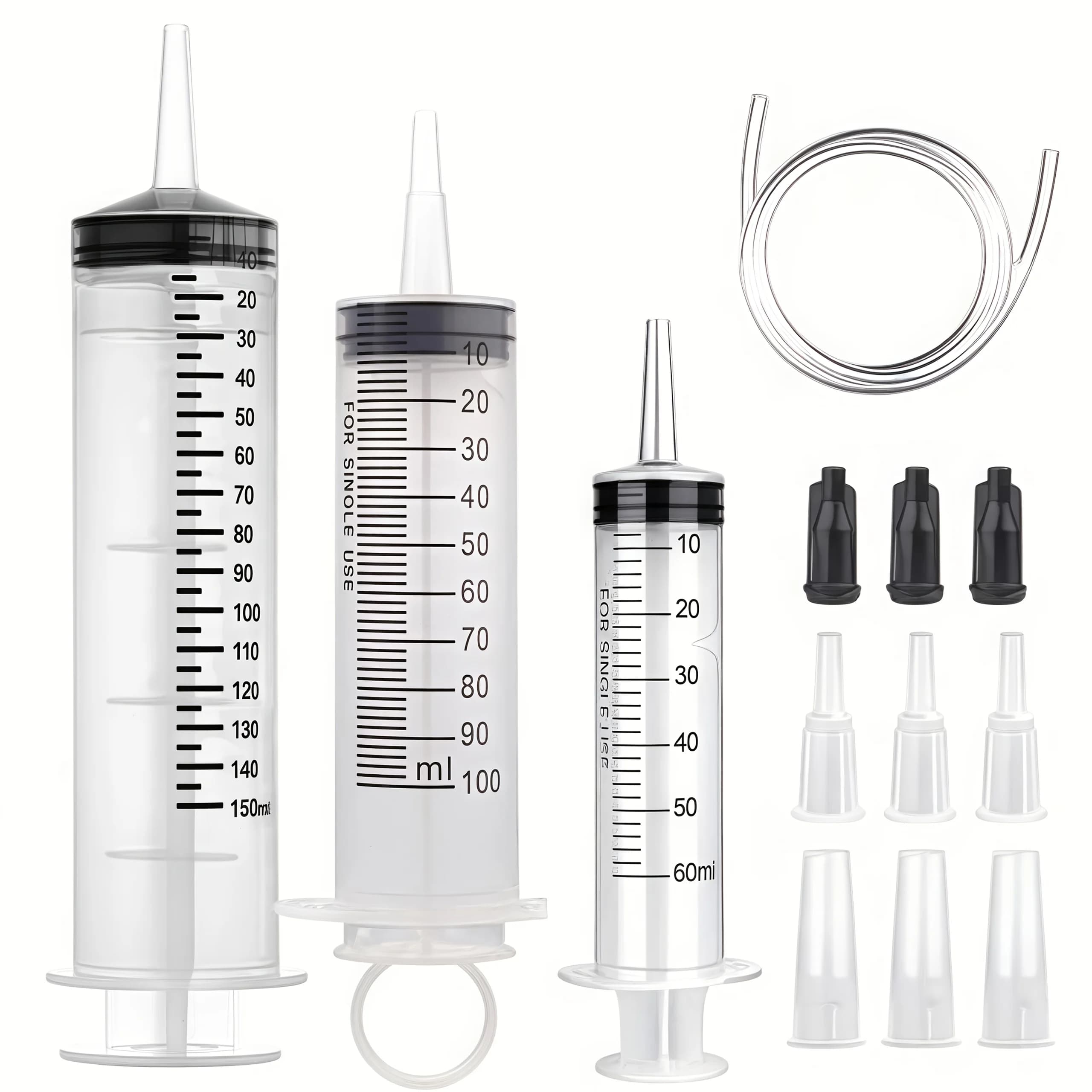 60/100/150ml Large Syringe with 100 cm of Tubing, Converter, Cap Set, Garden Injector, for Liquid Lipstick Paint Epoxy Resin Oil