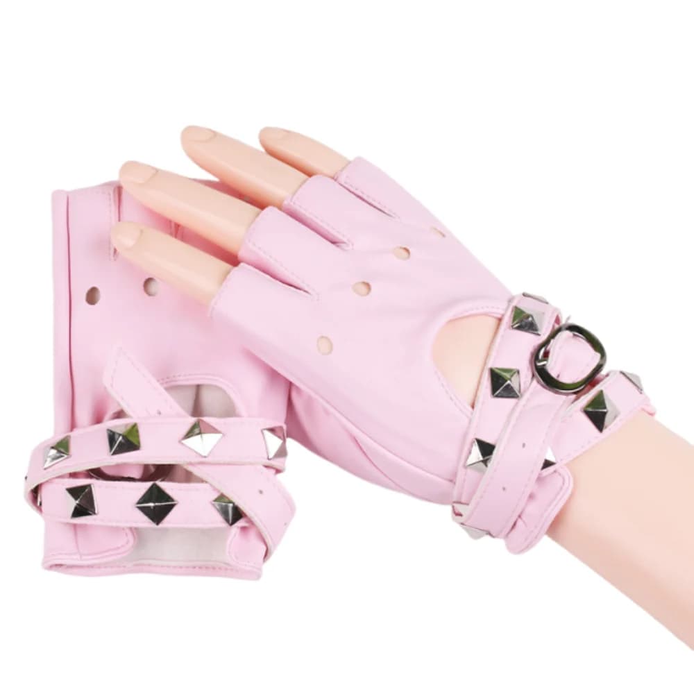 Unisex Punk Rivets Belt Wrist Gloves Anti-Slip Cool Half Finger Gloves Trendy Gothic Performance Gloves Party
