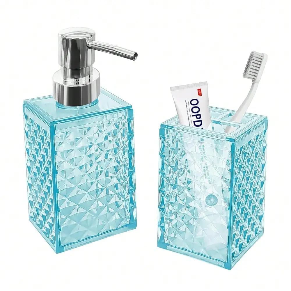 Accessori da Bagno Beige. Contiene dispenser per sapone e set porta spazzolini da denti. Set da Bagno Boho per Arredamento Bagno Blu {Inc.}