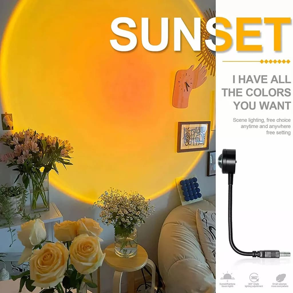 Lampada Tramonto a 7 Colori 18.5/28cm, Luce Notturna d'Atmosfera, Luci di Sfondo per Fotografia, Lampada Proiettore Arcobaleno Alimentata USB