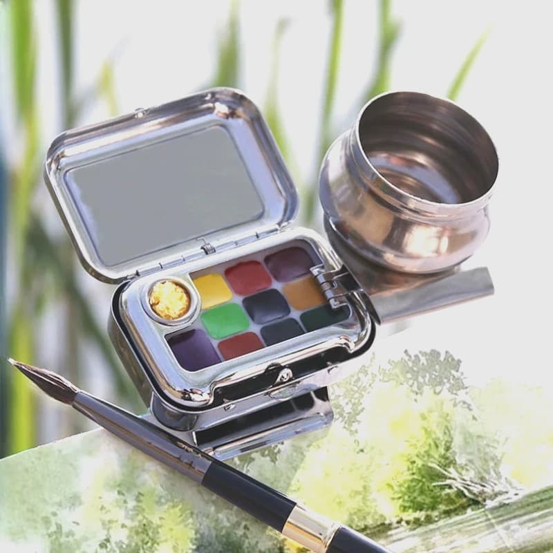 10/16 griglia Mini scatola di pigmenti ad acquerello solido tazza di penna di risciacquo in metallo tavolozza portatile tavolozza di immagazzinaggio dipinta a mano Set di strumenti artistici
