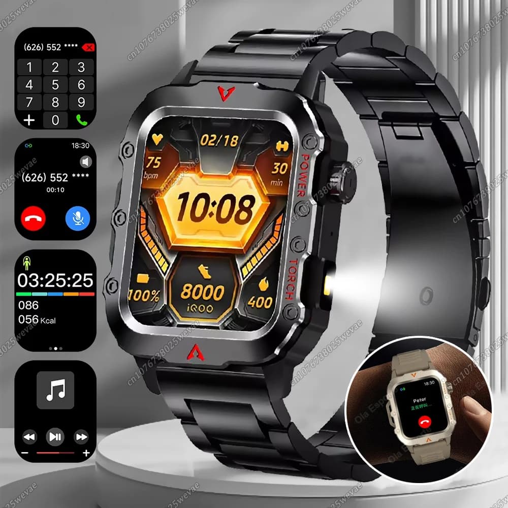 New 2026 Men Sports Smart Watch 2.01 Screen Blood Oxygen Bluetooth Talking Watch Multi Sport LED Flashlight Outdoor Smart Watch