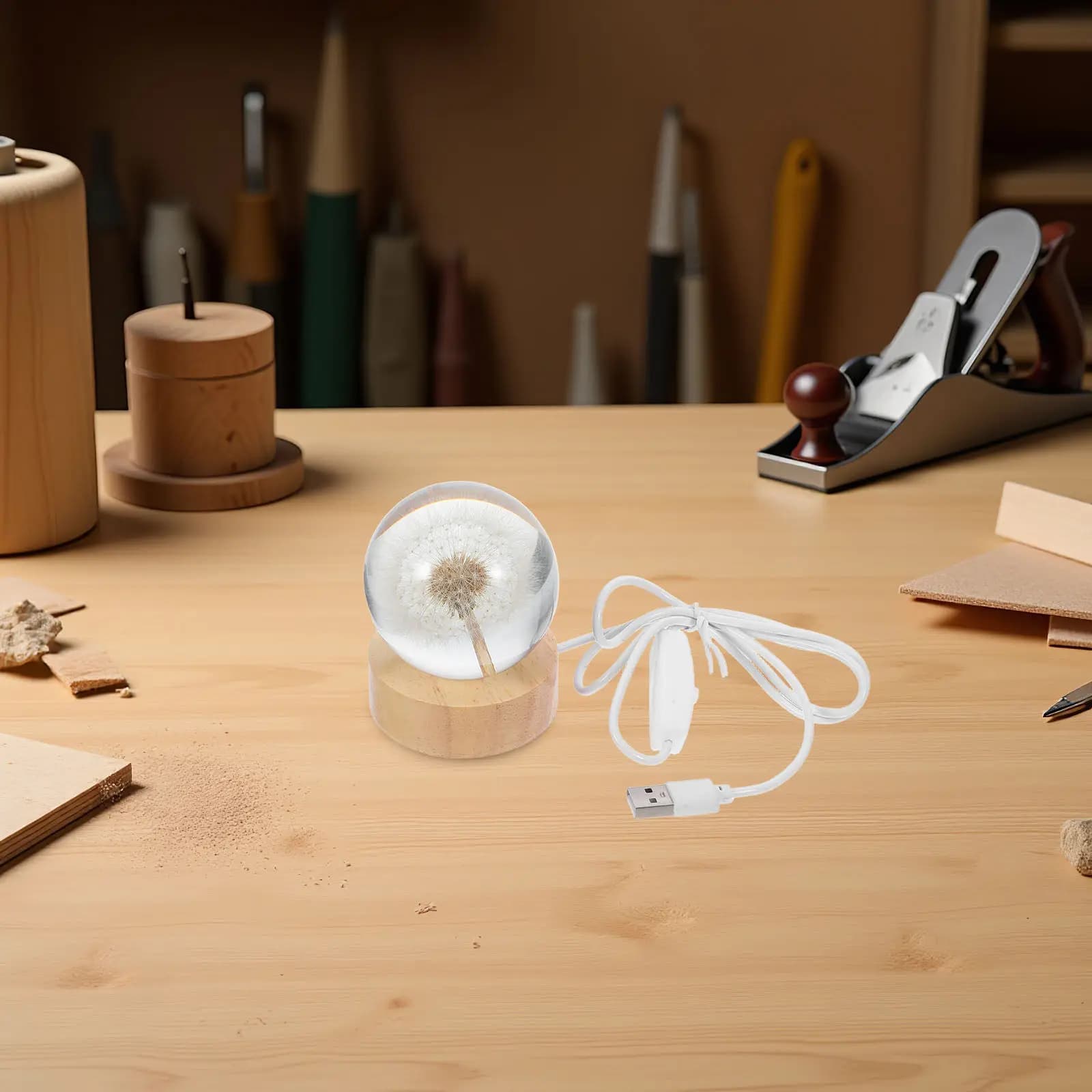 Set di 1 Lampada Notturna con Sfera di Cristallo, Globo 3D Inciso a Forma di Dente di Leone con Base in Legno Massiccio, Lampada da Comodino Accogliente, Lampada da Scrivania Decorativa USB