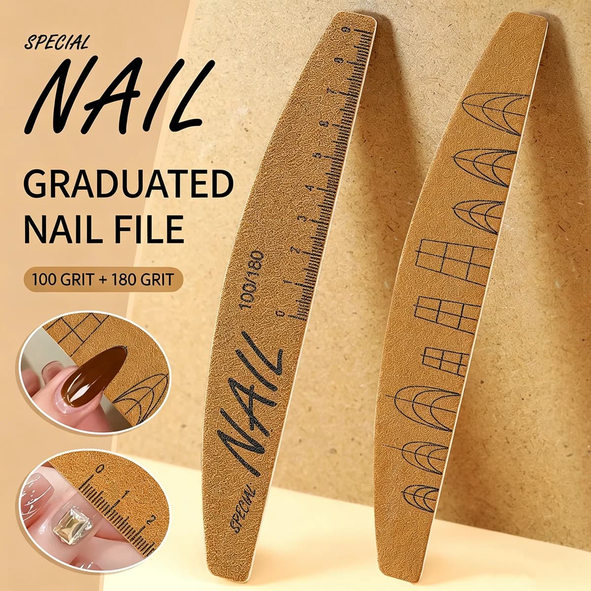 Lima per Unghie Professionale Lavabile a Doppia Faccia e Tavoletta Lucidante - Carta Abrasiva 100/180 Grit con Righello per Salone/Pratica Unghie/Sabbia