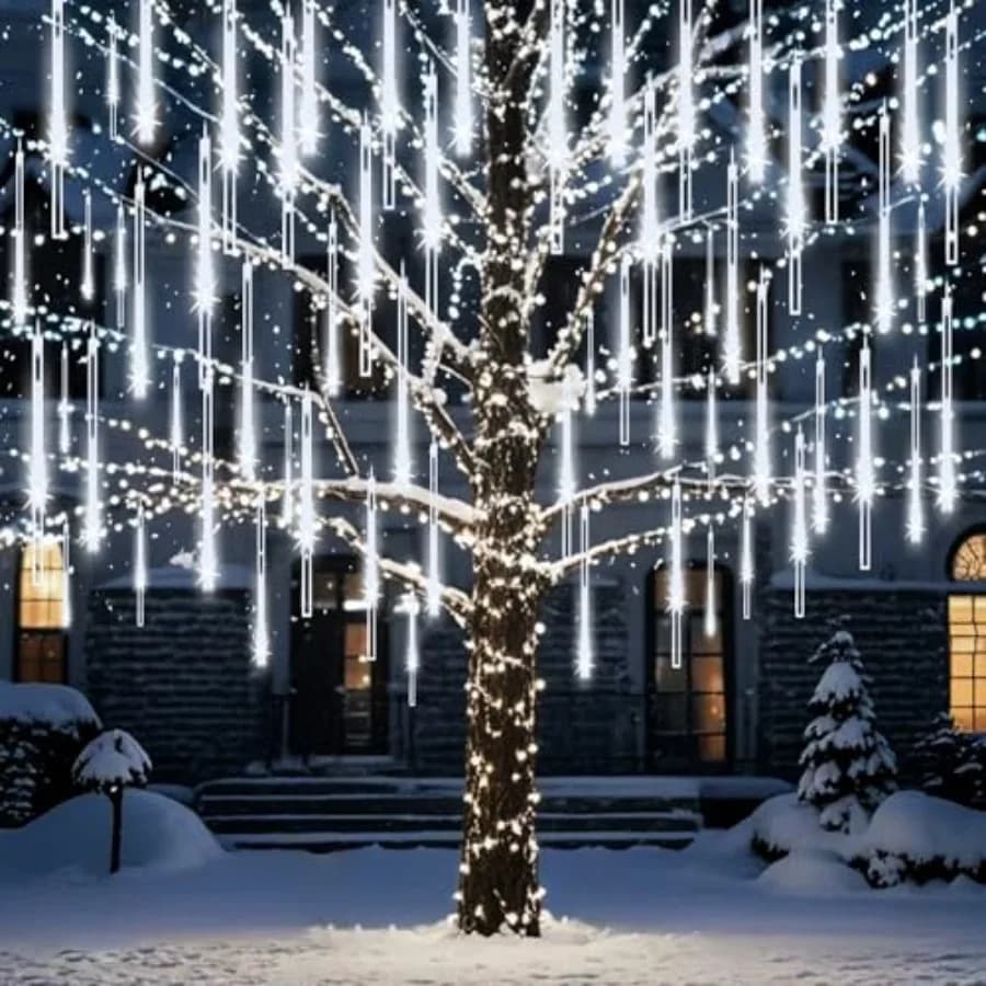 Luci a Cascata Effetto Pioggia di Meteore per Esterni, Luci Natalizie a 24 Tubi 576 LED, Effetto Neve Cadente per Albero di Natale