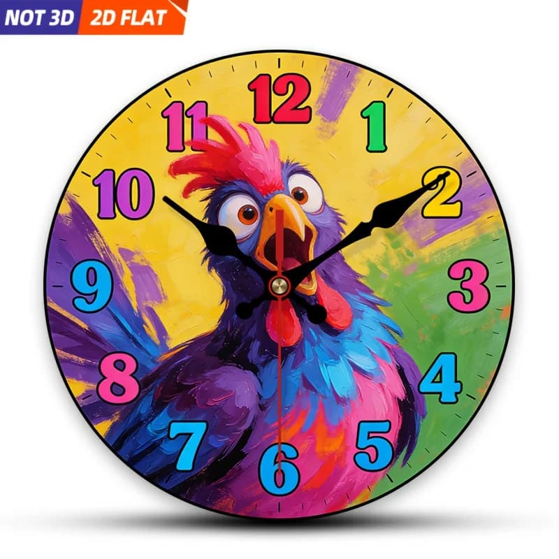 2D Piatto. 1 pezzo. Orologio da Parete a Tema Gallo, Silenzioso e Decorativo, Orologio da Parete Creativo, Adatto per la Decorazione di Camere da Letto