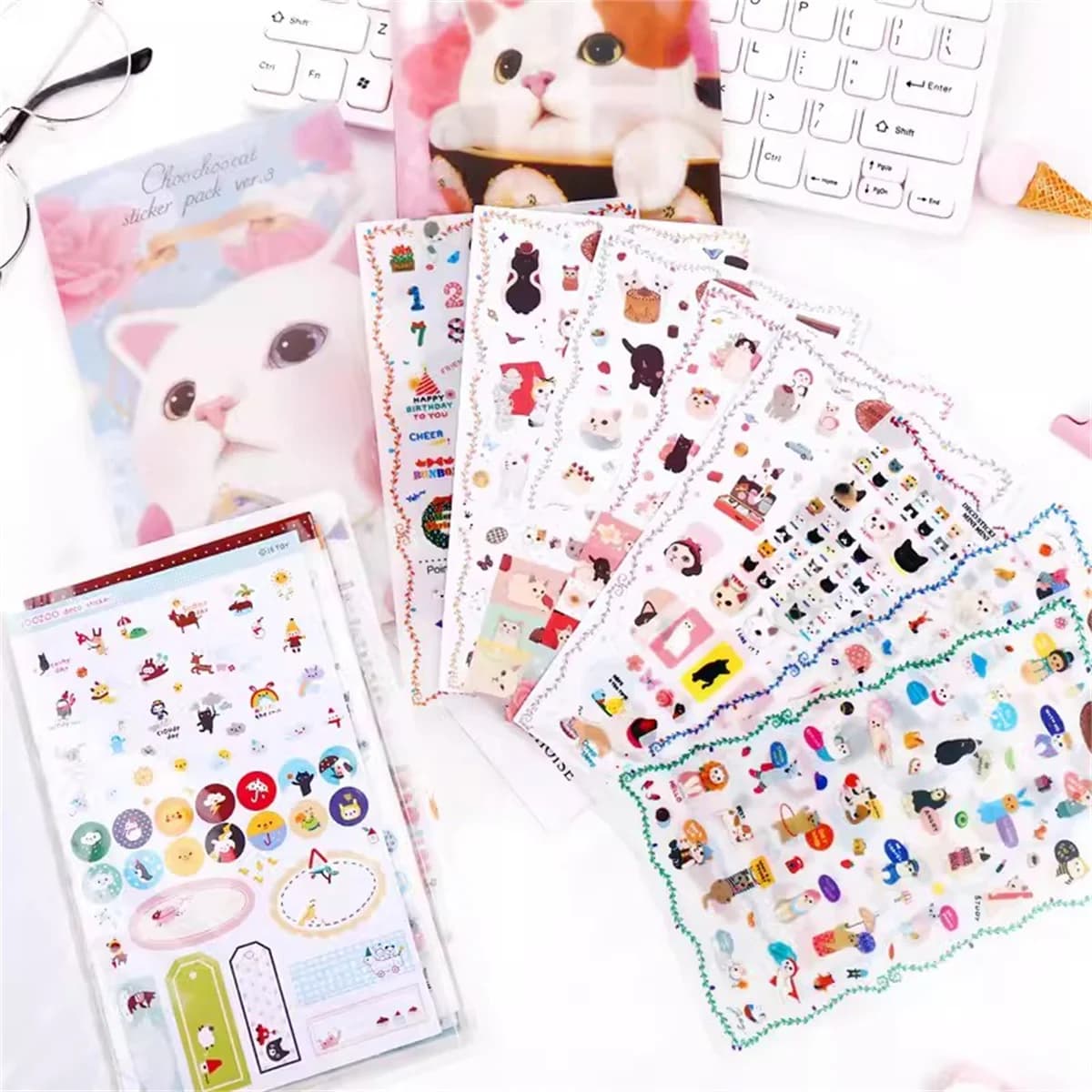8 pz/pacco Creativo Del Fumetto Sveglio Piccolo Animale Gatto Set Diario Notebook Compagno Adesivi Materiali Decorazione Adesivi Kawaii Regalo