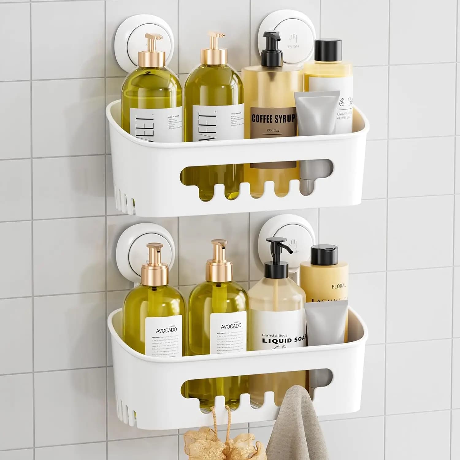 Set of 2 Resistant Shower Enclosures with Removable Shelves, Waterproof Organizer with White Bathroom Accessories Suction Cup