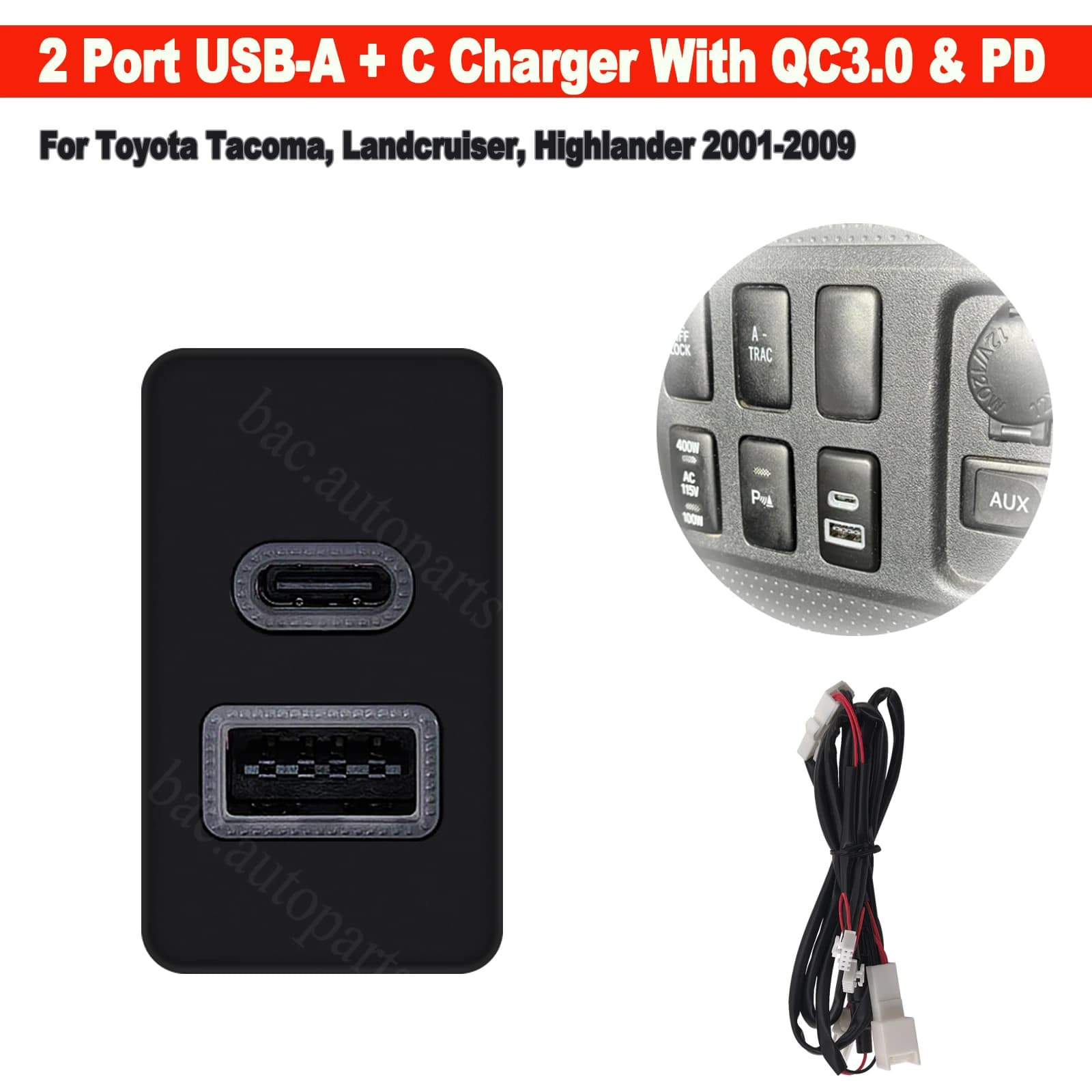 36W Dual USB-C & USB-A USB Power Car Charger Socket PD+QC3.0 for Toyota Tacoma/Hilux/4Runner/Land Cruiser/FJ/Tundra/Highlander