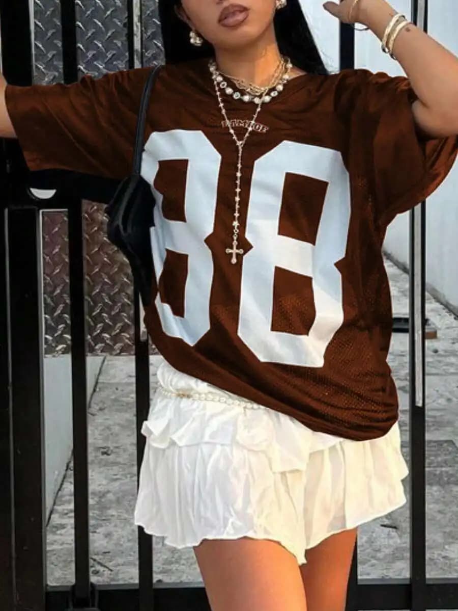 Casual Dropped Shoulder Numeric Print Short Sleeve T-Shirt For Women Summer