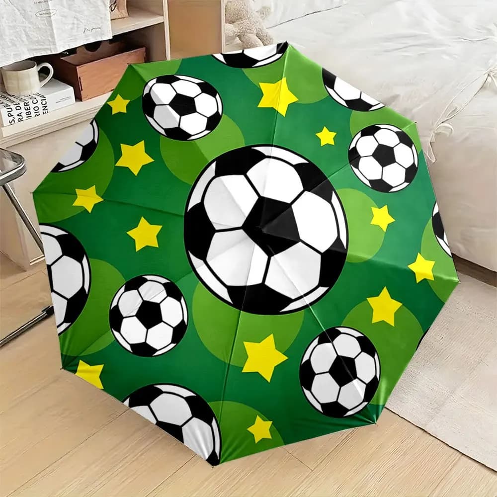 Ombrello pieghevole automatico con design a pallone da calcio e stella gialla - Tettoia portatile pieghevole a 8 stecche resistente, sfondo verde
